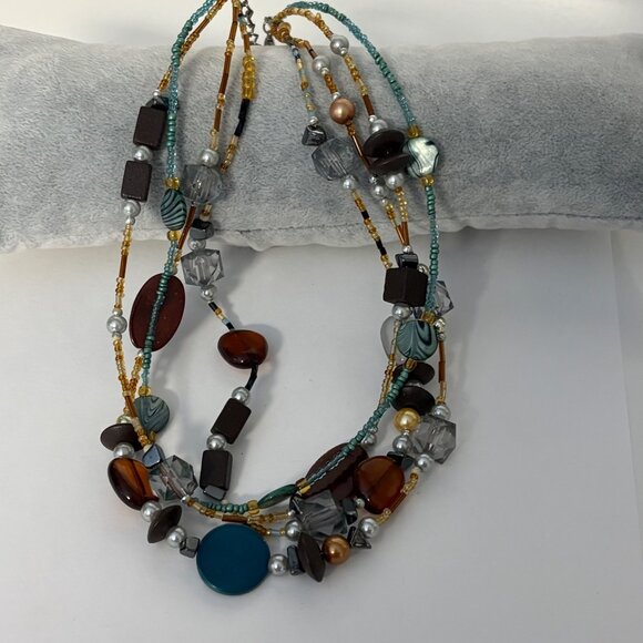 Multi Strand Brown Teal Wood Beaded Necklace Boho Layered Statement Jewelry - Picture 2 of 8